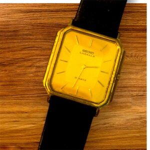 Mens Seiko Lassale Gold Tone Watch Quartz SUPER ULTRA THIN Calf Leather EUC